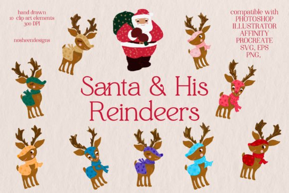 Santa and His Reindeers Clipart: Graphics & Illustrations Review