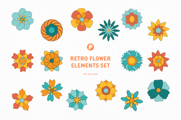 Yellow Turquoise Retro Flower Element: Graphic Illustration